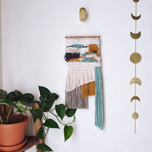 Load image into Gallery viewer, Teal, woven wall hanging, mustard, cream, home decor, fringe, woven wall art.