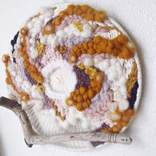 Load image into Gallery viewer, round weaving wall art, driftwood oahu, purple, lavender, gold, cream, driftwood