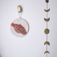 Load image into Gallery viewer, handcrafted round woven wall hanging with peach, coral and dusky rose, sand and cream wool and natural fibers