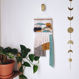 Teal, woven wall hanging, mustard, cream, home decor, fringe, woven wall art. 