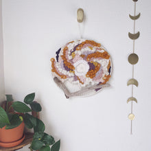 Load image into Gallery viewer, round woven wall hanging, purple, gold, cream, rose, driftwood

