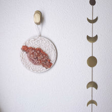 Load image into Gallery viewer, handcrafted round woven wall hanging with peach, coral and dusky rose, sand and cream wool and natural fibers
